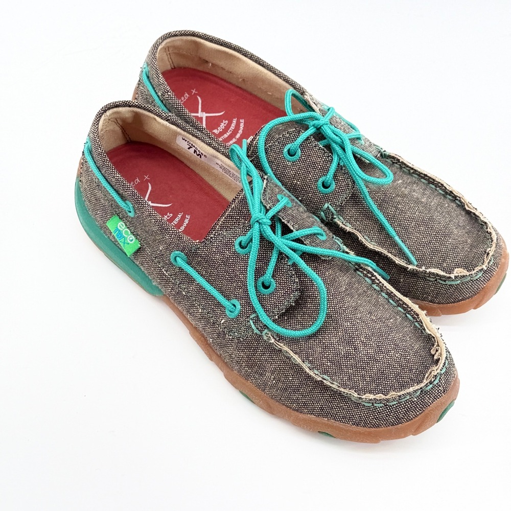 Twisted X EcoTWX Driving Moc WDM0085 Gray Teal Canvas Boat Shoes Womens 7M - Picture 2 of 11